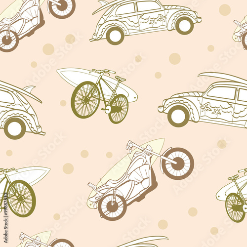 Vector Light Brown Surfboards Transported On Vehicles Cars Bicycles Motorcycles Seamless Pattern Bike Sport Surfing Hawaii California.