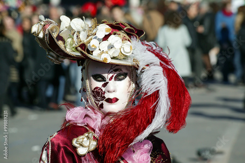 Costumed person Venetian mask during Venice Carnival