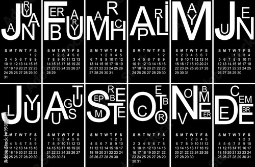Black and white jazzy 2016 calendar, vector, eps 10