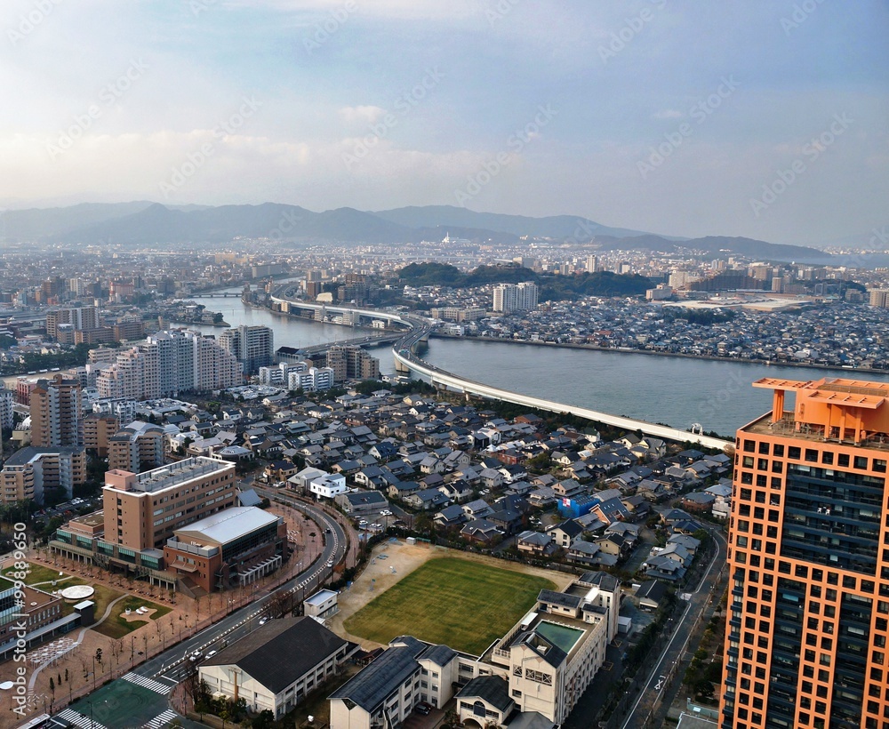 Obraz premium Panoramic view of the Japanese city of Fukuoka