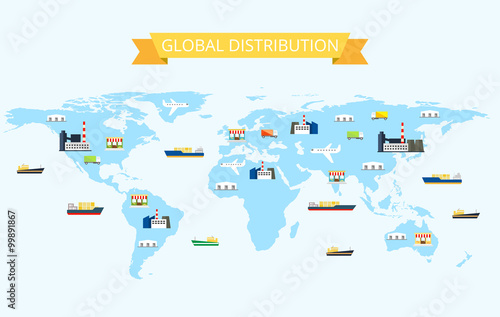 Illustration of international distribution on the world map with Plants, Transportation Warehouses, Stores