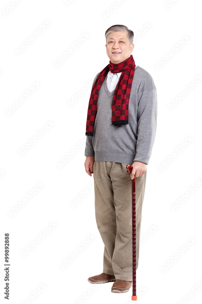 Asian old man in sweater and scarf with cane Asian old man in sweater and scarf with cane