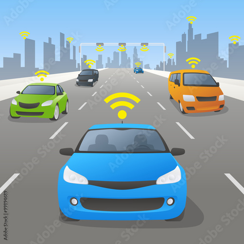 Highway communication system and vehicles, front view, vector illustration