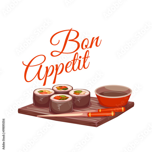 Sushi with sauce and chopstick on plate. Bon appetit. Vector illustration