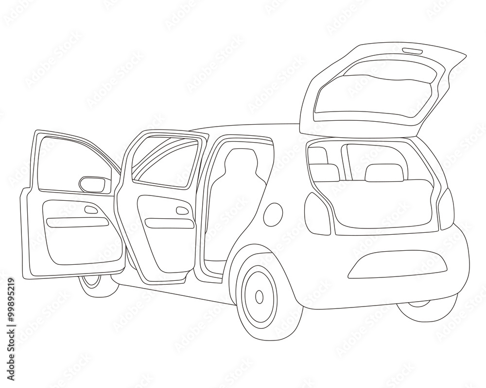 hatch back vehicle that open doors and rear hatch, line drawing illustration Stock Vector