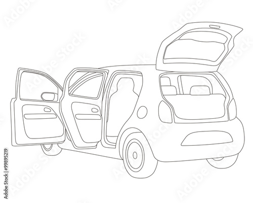 hatch back vehicle that open doors and rear hatch, line drawing illustration photo