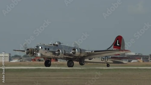 B-17 Flying Fortress, World War II bomber taxis at airfield.  Mute. Recorded in 4K, ultra high definition.