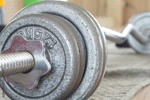 Close up barbell with blurred background