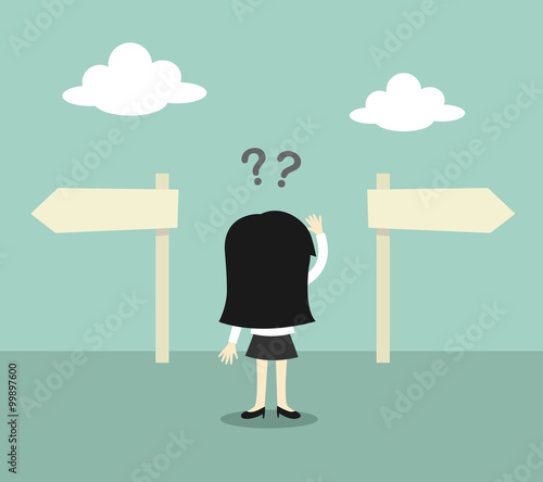 Business concept, Business woman confused about two direction. Vector illustration.