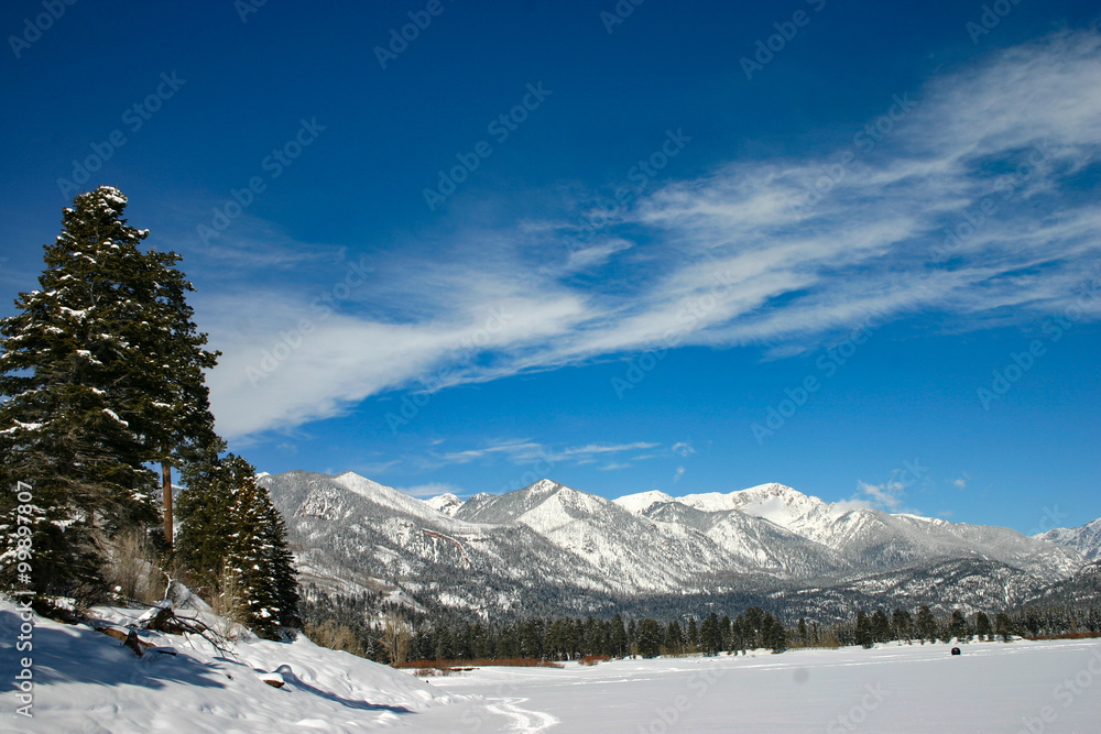 Blue sky snow mountain peaks