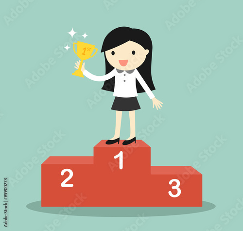 Business concept, business woman standing on the winning podium and holding trophy. Vector illustration.