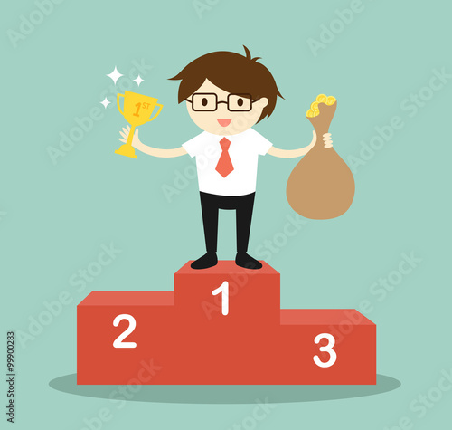 Business concept, businessman standing on the winning podium, he holding trophy and a bag of money. Vector illustration.