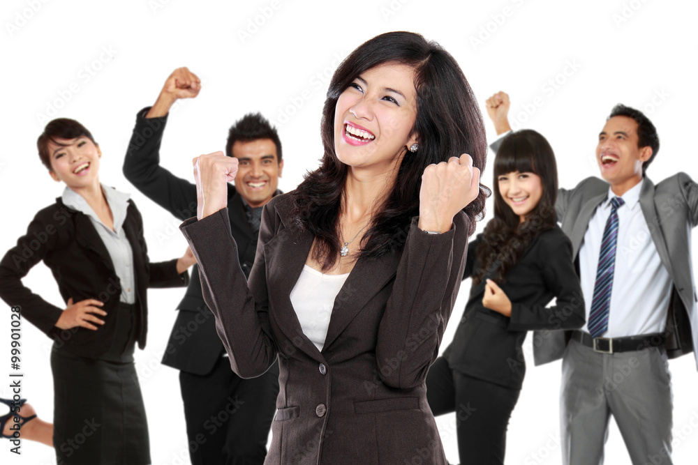 Young asian businesswoman with her team behind, make a success g Young asian businesswoman with her team behind, make a success g