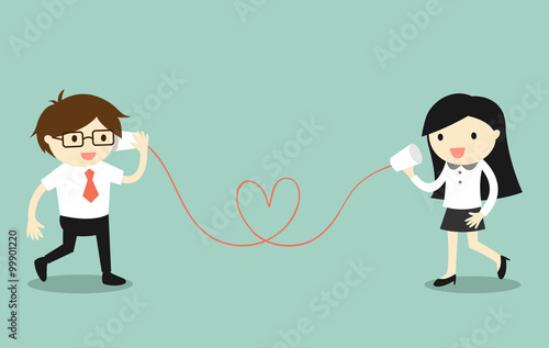 Business concept, Love in office. Businessman and business woman talking via cup telephone. Vector illustration.