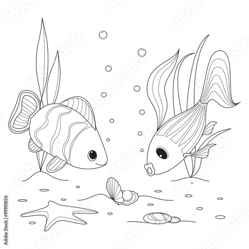Shell with a pearl, fish swimming around, starfish and seaweed grow. Coloring page