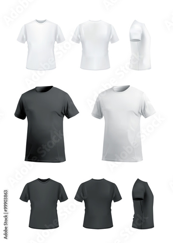 T-shirt mockup set on white background, front, side, back and perspective view. Vector eps10 illustration
