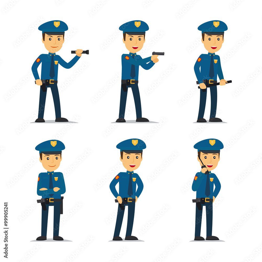 Police officer character in different poses. Vector illustration.