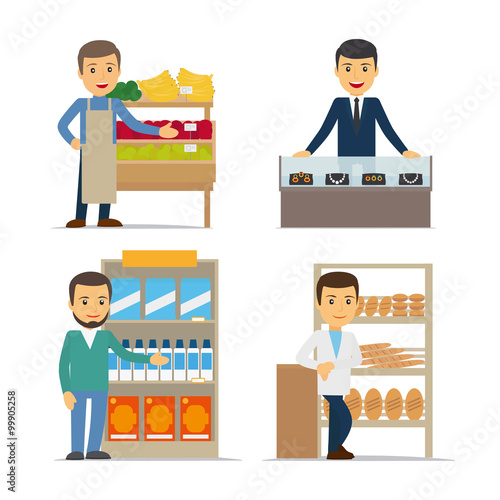 Seller at the counter vector illustration. Jewelry, bread and grocery store.