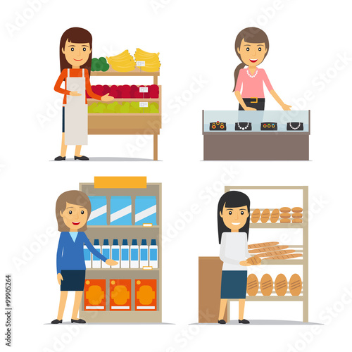 Saleswoman with fruits and bread, jewelery seller woman vector illustration.