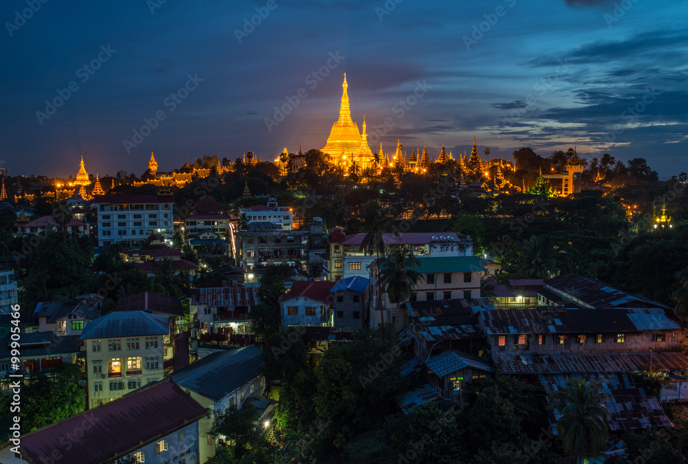 Night view of Shwedagon pagoda an iconic landmark of Yangon township of Myanmar.