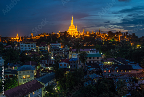 Night view of Shwedagon pagoda an iconic landmark of Yangon township of Myanmar.