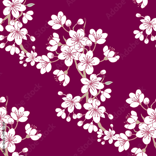 Seamless pattern with sakura. Hand drawn spring blossom trees. Vector illustration with cherry blossoms.