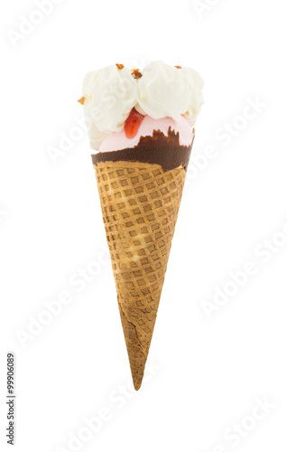 Strawberry ice cream cone isolated on white background