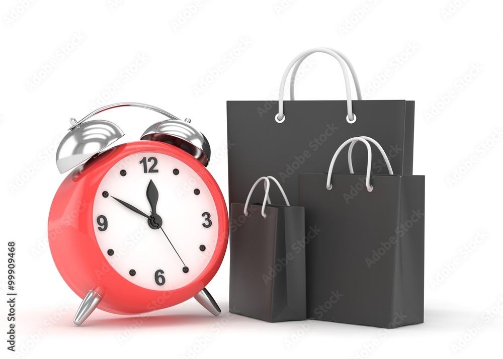 alarm clock and shopping bag (time to buy concept) alarm clock and shopping bag (time to buy concept)