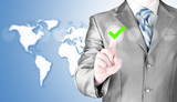 business man touching, pressing modern button with green ticking Check Box.