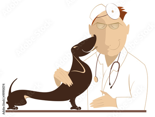 Veterinarian is examining a dog . Kind veterinarian is being licked by dog 
