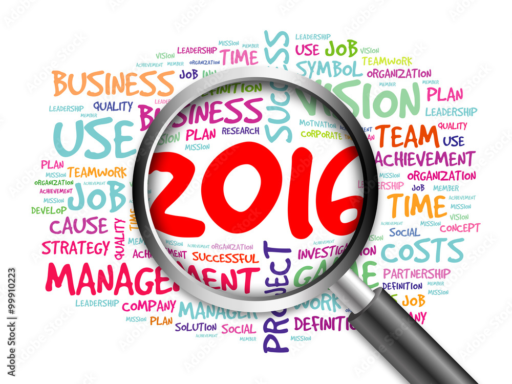 2016 goals plan word cloud with magnifying glass, business concept 2016 goals plan word cloud with magnifying glass, business concept