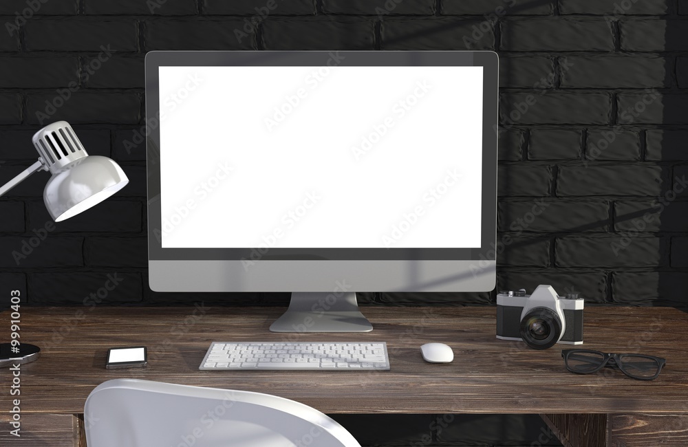 Fototapeta premium 3D illustration PC screen on table in office, Workspace