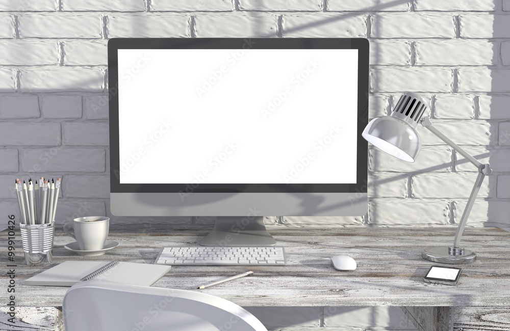 Fototapeta premium 3D illustration PC screen on table in office, Workspace