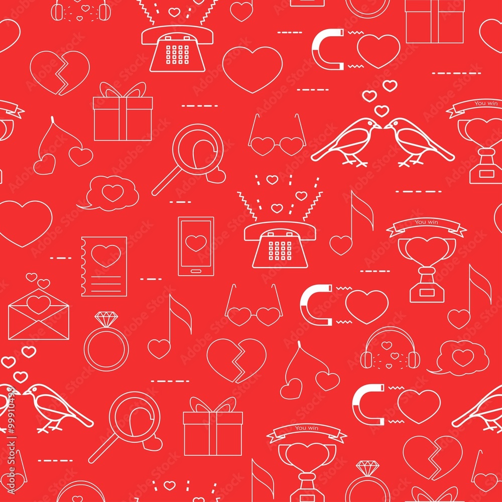 seamless pattern linear style icons white on a red background. Love signs on Valentine's Day seamless pattern linear style icons white on a red background. Love signs on Valentine's Day