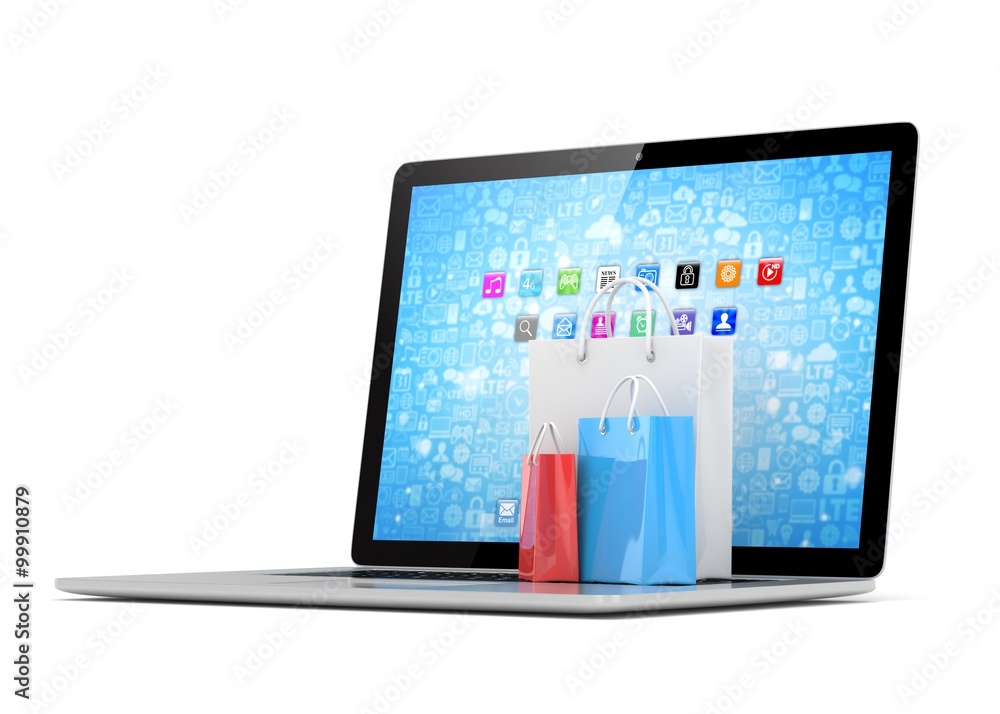 laptop and shopping pags on white background laptop and shopping pags on white background