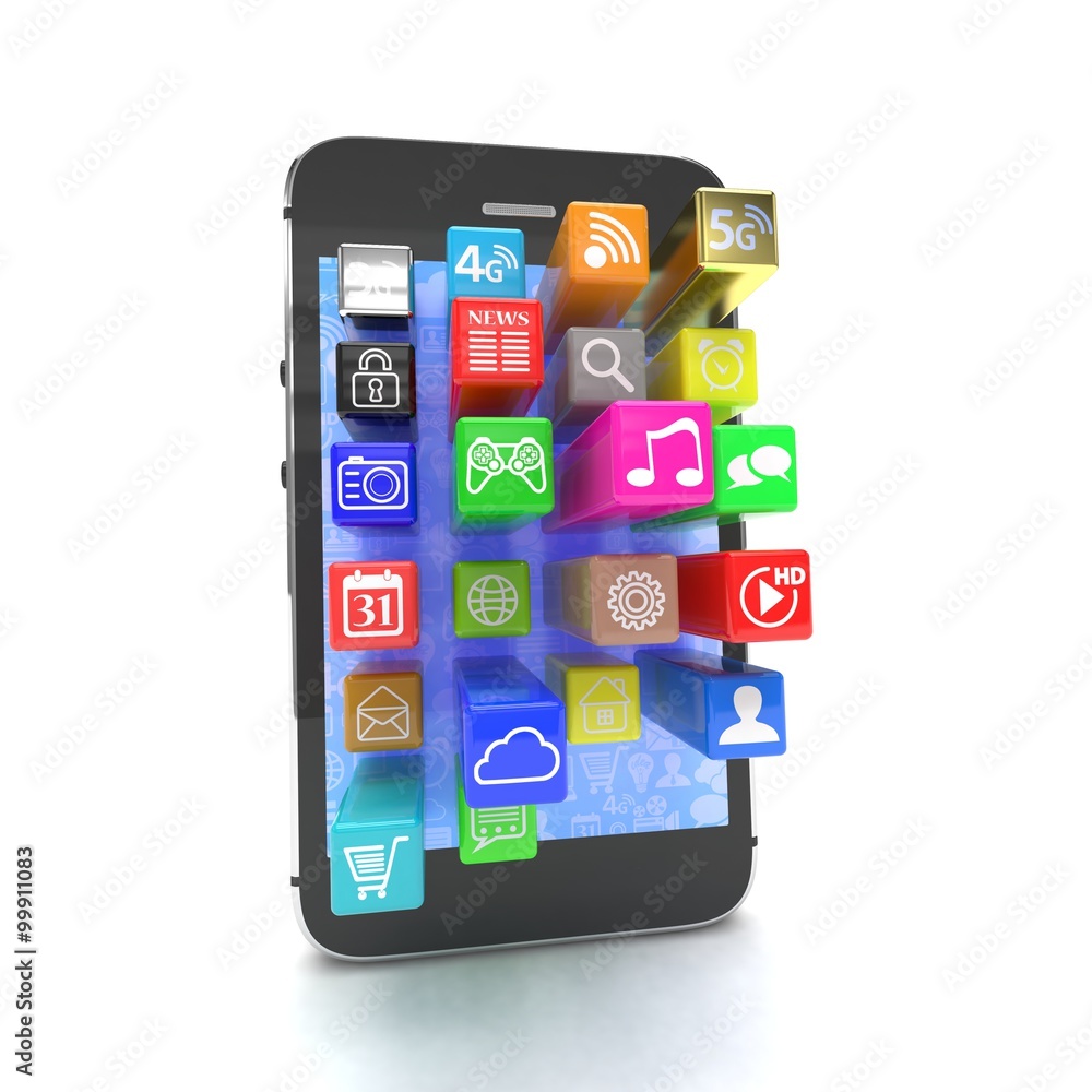 application software icons extruding from smartphone, isolated on white application software icons extruding from smartphone, isolated on white