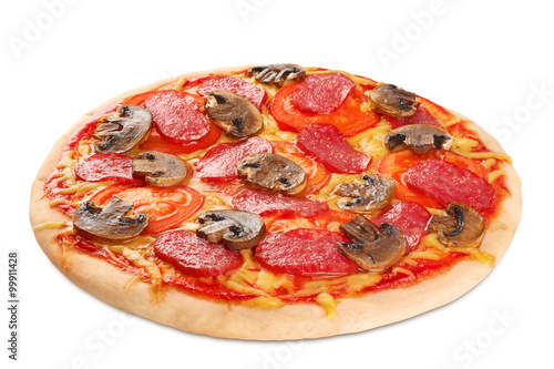 Pizza with sausage and mushrooms on a white background.