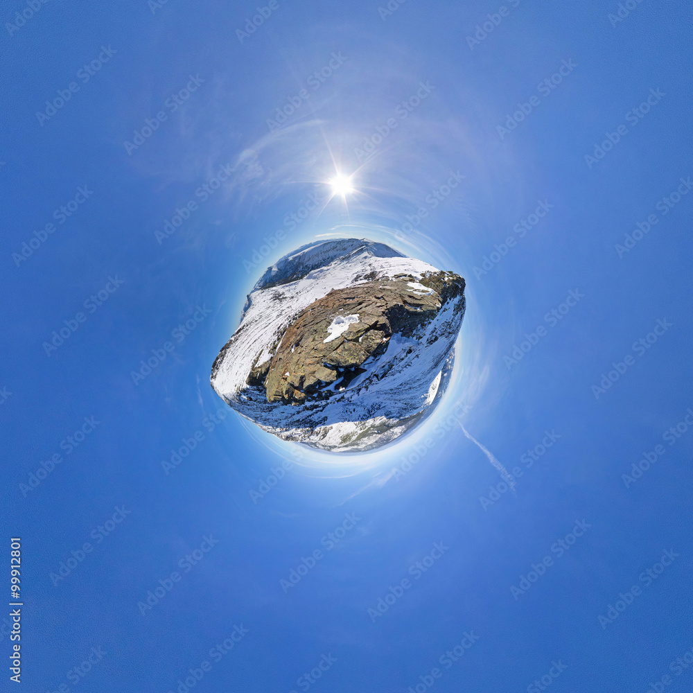 Fototapeta premium Two top of the mountain in winter. Spherical Panorama 360, little planet