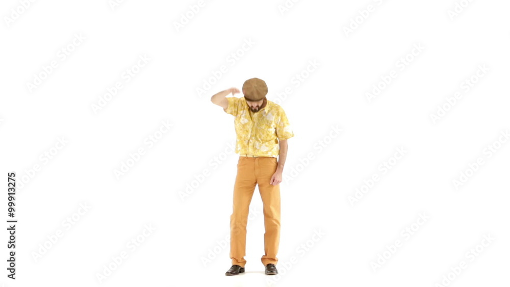 Man makes dance move isolated on white Man makes dance move isolated on white
