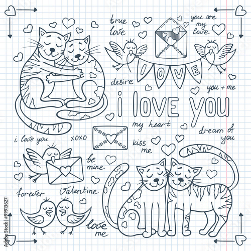 Valentine’s day doodles set with cute animals