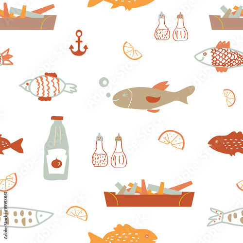 Fish and chips seamless pattern - sketchy vector