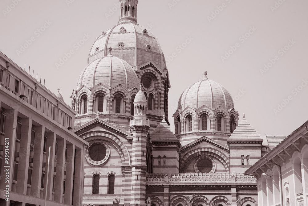 Nouvelle Cathedrale - New Cathedral Church in Black and White Sepia Tone; Marseilles; France; Europe