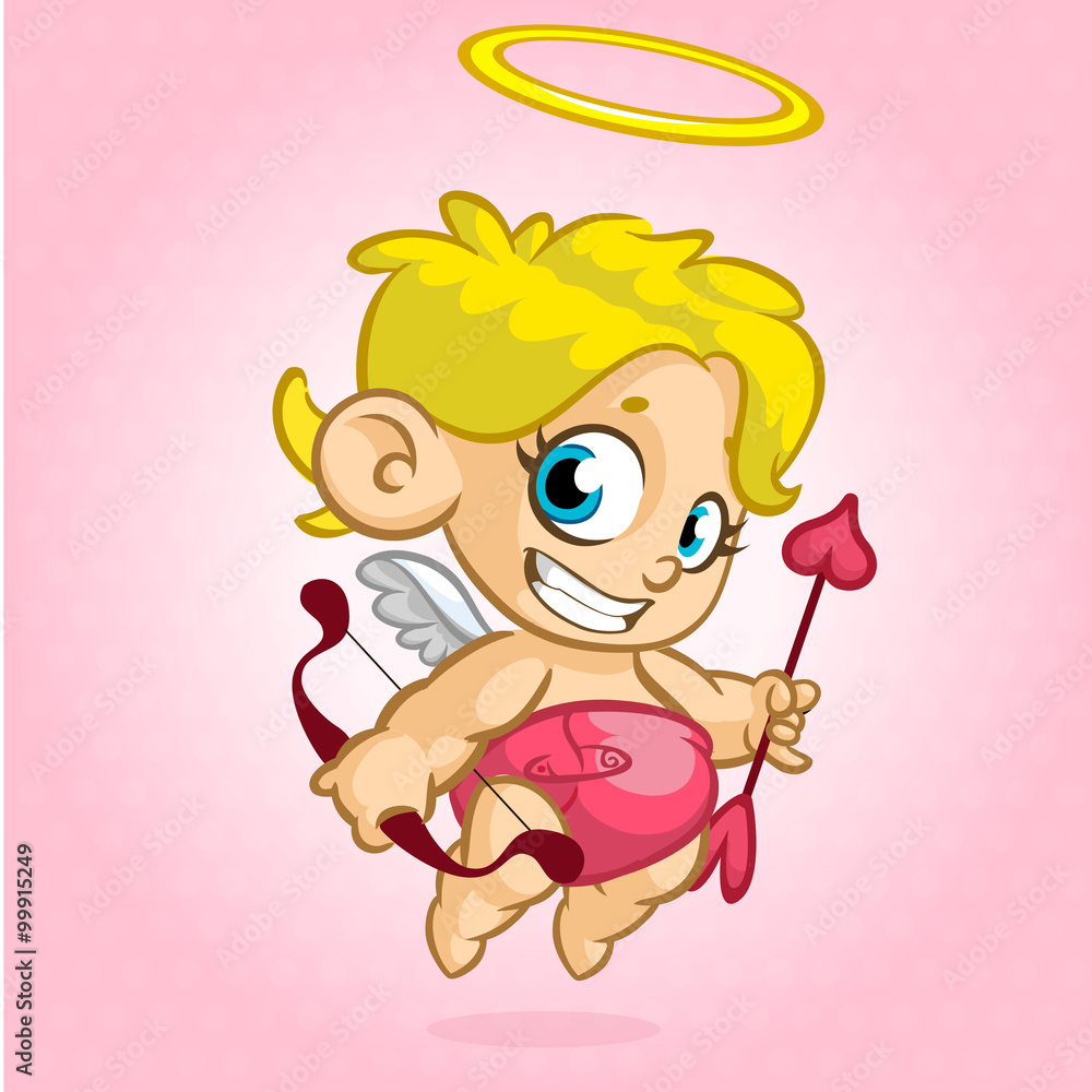 Funny cupid with bow and arrow. Illustration of a Valentine's Day. Vector. Isolated on rose background Funny cupid with bow and arrow. Illustration of a Valentine's Day. Vector. Isolated on rose background