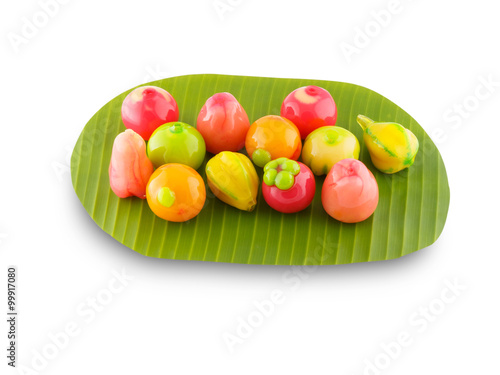 Deletable imitation fruits thai dessert on the white background