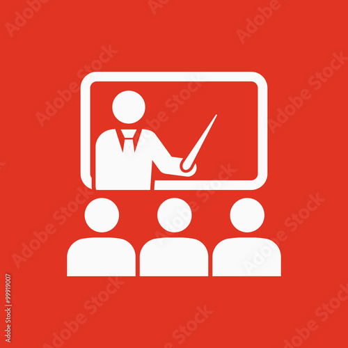 The training icon. Teacher and learner, classroom, presentation, conference, lesson, seminar, education symbol. Flat