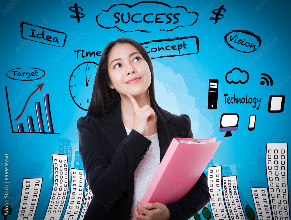 Fototapeta premium Asian woman thinking many ideas on business background.