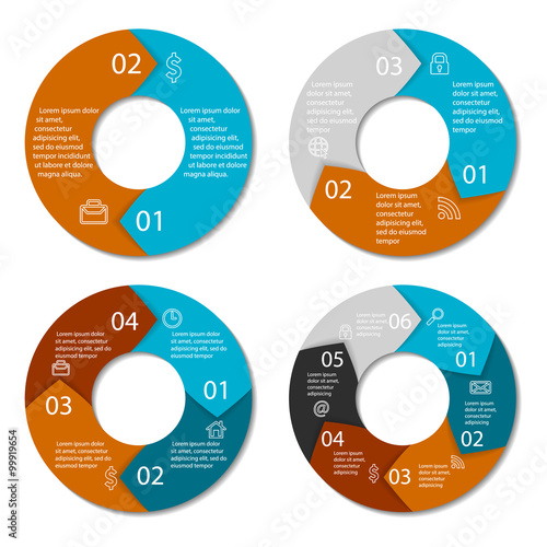 Set of round infographic diagram. Circles of 2, 3, 4, 6 elements. Vector EPS10 