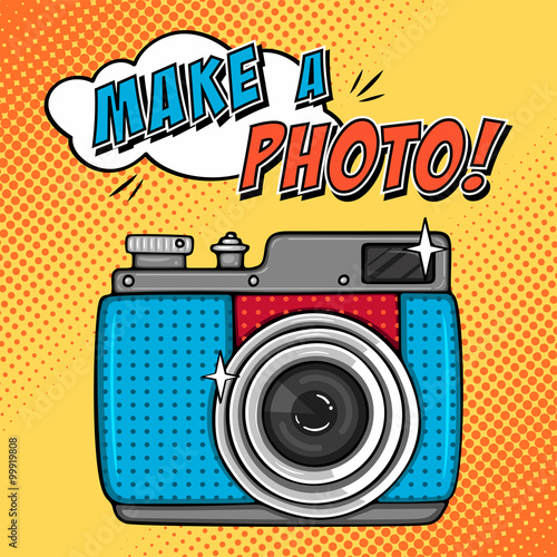 Comic illustration with photo camera in pop art style