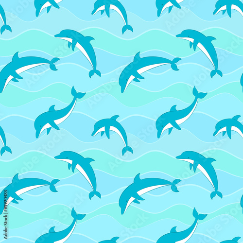 Vector seamless pattern with dolphins on waves background.