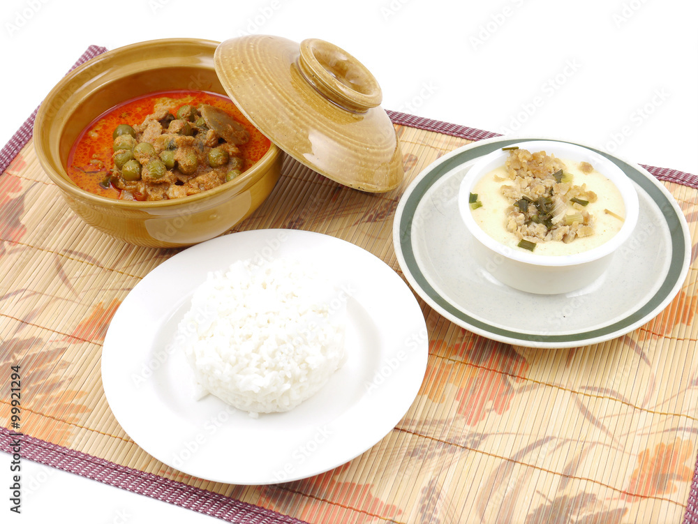 Thai steamed eggs pork chop with pork curry rice set . Thai steamed eggs pork chop with pork curry rice set .